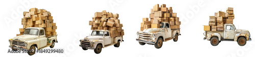 Four vintage trucks loaded with cardboard boxes isolated on white background