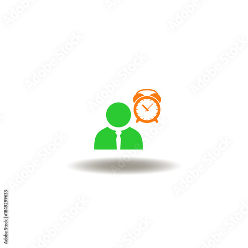 Vector illustration of business man or person with alarm clock. Symbol of punctuality. Icon of attendance.