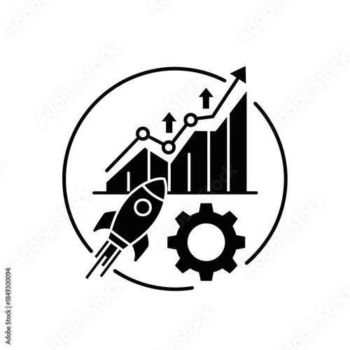 Rocket Launching with Graph and Gear Icon.