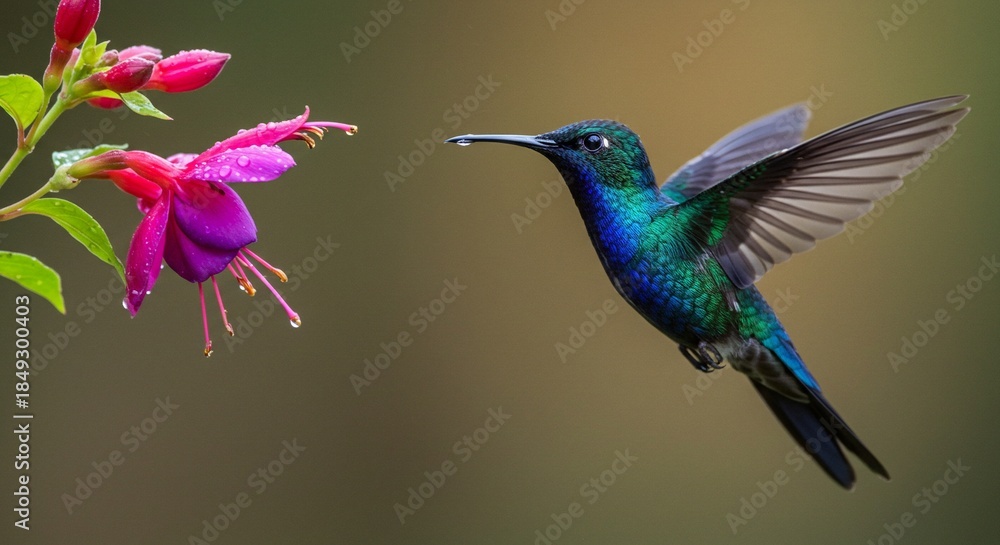 Fototapeta premium A vibrant hummingbird with iridescent plumage approaches a fuchsia flower to feed on its nectar.