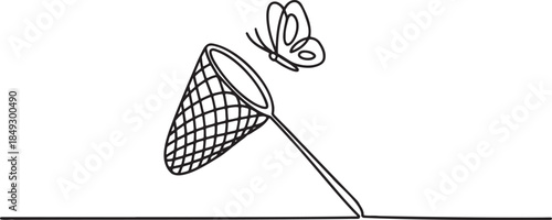 Continuous line drawing of a butterfly flying away from a net
