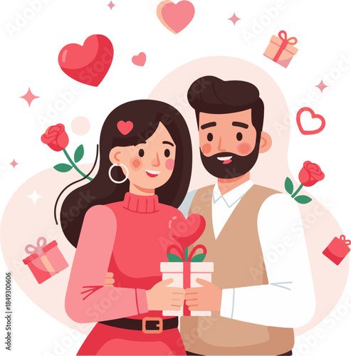 Flat Vector Illustration of Loving Couple Celebrating Valentine’s Day with Gift and Hearts