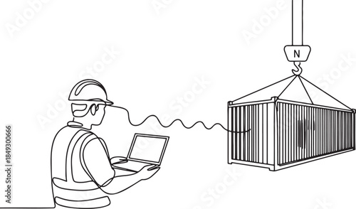 Continuous line drawing of shipping container controlled by engineer on laptop