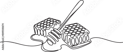 Continuous line drawing of two honeycomb pieces and a honey dipper