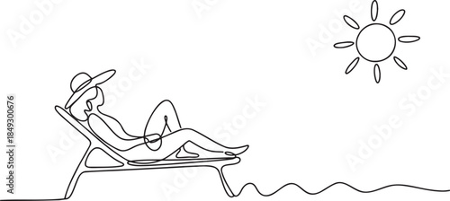 Continuous line drawing of woman relaxing in beach chair under sun