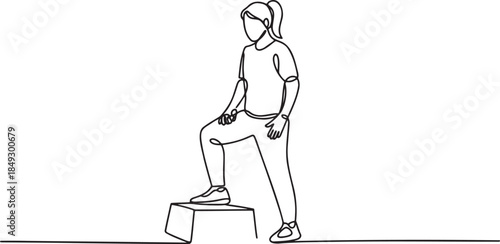 Continuous line drawing of woman exercising on a step platform