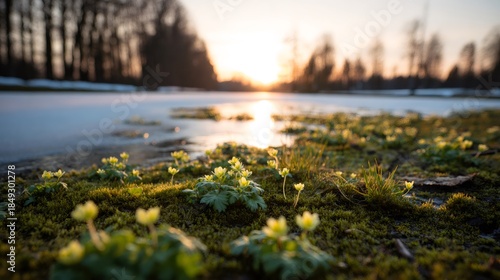Winter aconite yellow flowers blooming on mossy ground near a frozen lake at sunset heralding spring arrival