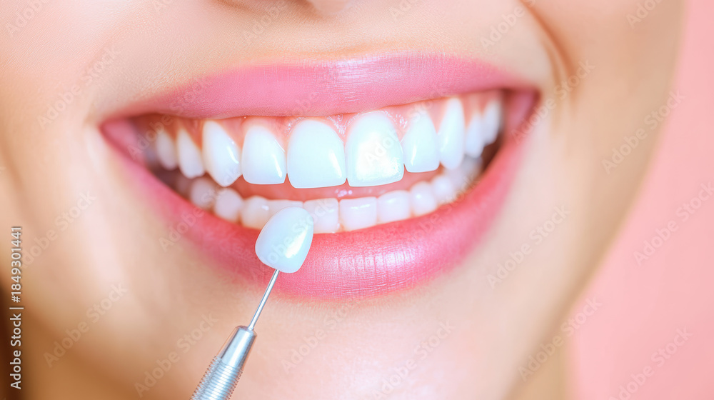 Fototapeta premium Bright smile with dental veneer shade guide matching tooth