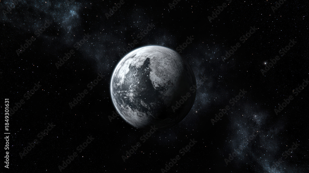 Fototapeta premium Distant planet illuminated by constellation lines and faint galaxy glow, serene cosmic scene