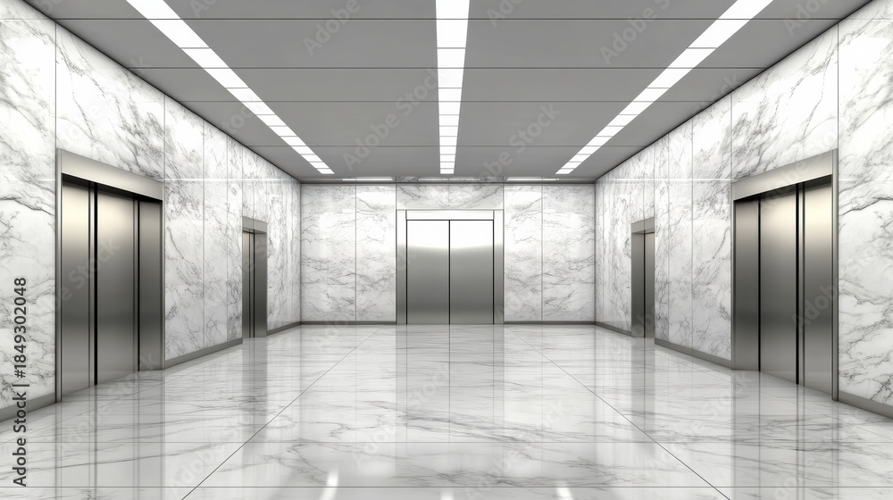 Obraz premium Marble elevator lobby with reflective floor and recessed ceiling lights, modern minimal