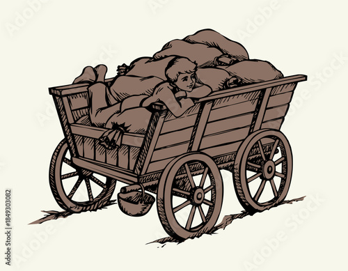 Vector drawing. A cart with bags and boy