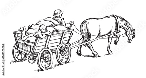 Vector drawing. A cart drawn by a horse