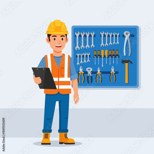 Construction Worker with Toolbox and Clipboard.