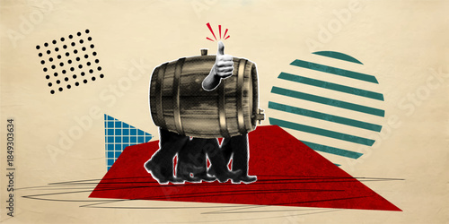Contemporary halftone pop art collage of anonymous male legs carrying a huge keg of beer and a hand giving a thumbs up gesture during an evening visit to a pub and drinking alcohol; glass with drink; 
