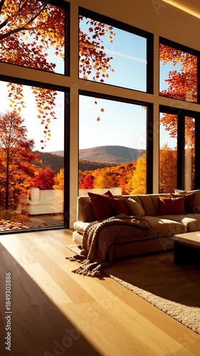 Living room interior with autumnal landscape views through large windows and comfortable couch