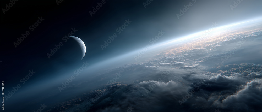 Fototapeta premium Planet Earth from outer space with the Moon visible in the distance, curved Earth horizon with detailed clouds, oceans and glowing blue atmosphere, deep star-fill
