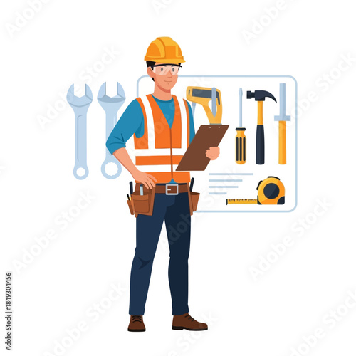 Construction Worker with Tools and Checklist.