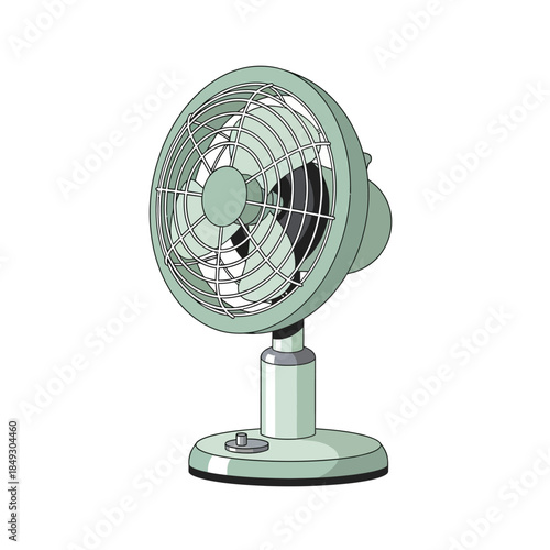 A desktop fan illustration on a white background showcasing a mint green device with rotating blades