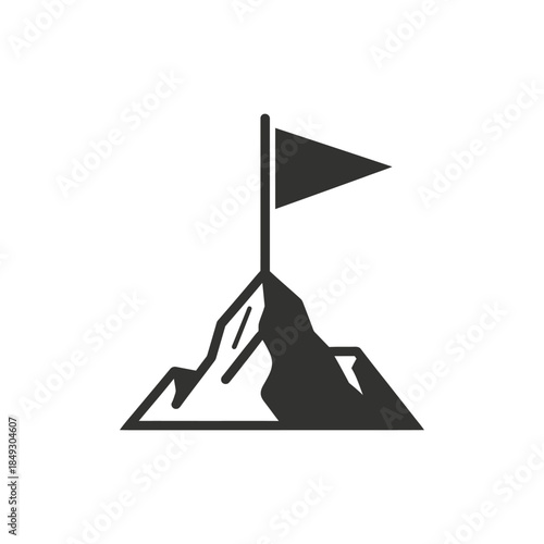 Mountain peak with a flag on top, symbolizing achievement and success in a simple illustration