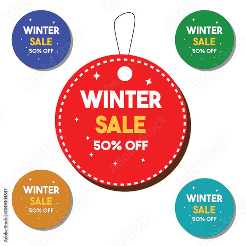 Winter Sale Circular Hanging Tags Set with 50% Discount – Colorful Holiday Promotion Badges for Retail, E-commerce & Marketing Design