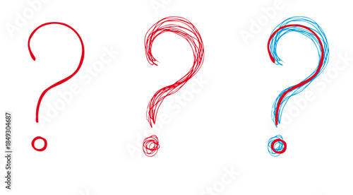 Hand-drawn red question marks isolated on white background.