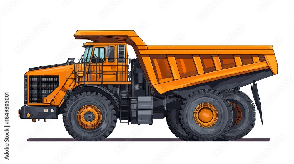 Fototapeta premium Large yellow dump truck isolated on white background for construction or mining