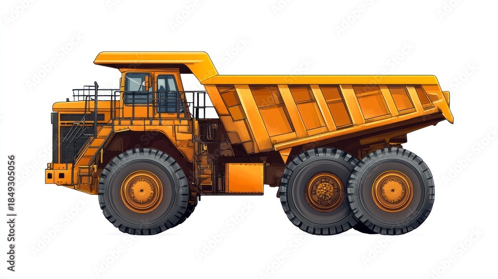 Fototapeta premium Large yellow dump truck isolated on white background heavy equipment concept