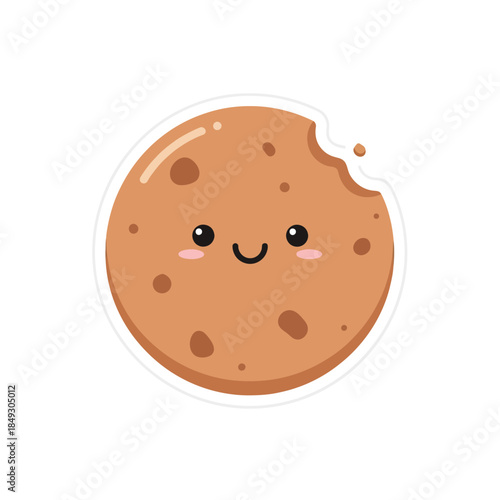A cartoon cookie with a bite taken, smiling face and chocolate chips in a simple illustration style