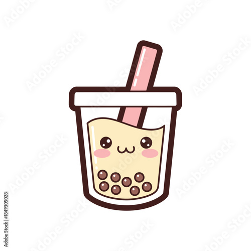 A cartoon bubble tea drink with a straw and a smiling face in a cup with boba