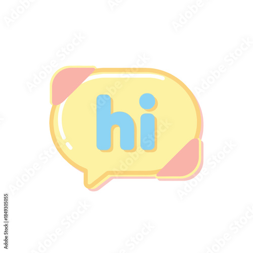 A greeting speech bubble with the word hi in a colorful illustration on a white background
