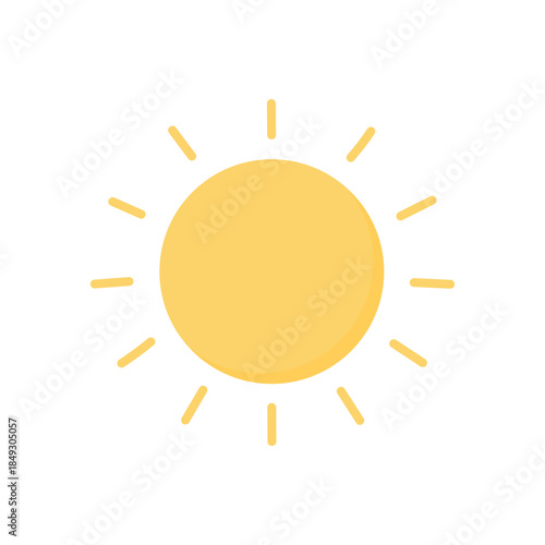 Simple sun illustration in flat vector style with soft yellow rays, minimal weather symbol isolated on white background, bright summer icon for design, apps, branding