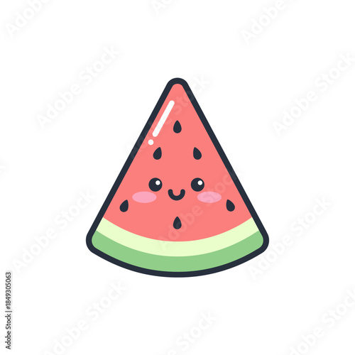 A cartoon watermelon slice with a smiling face, isolated on a clean white background, viewed from the front.