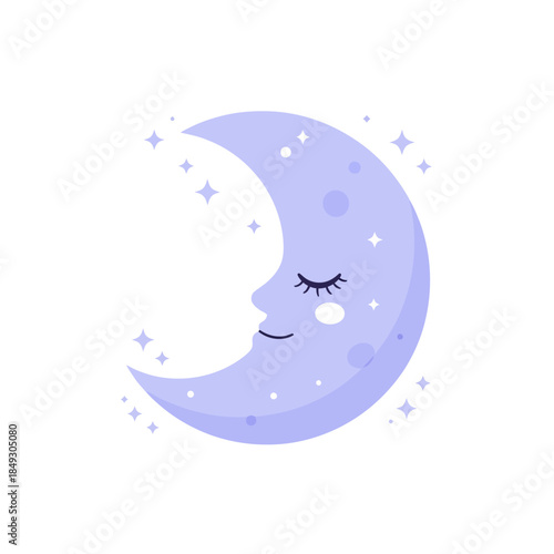 Serene Crescent Moon with Gentle Face Surrounded by Stars in Peaceful Night Sky Illustration