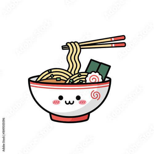 A cartoon bowl of steaming hot ramen noodles being lifted with chopsticks