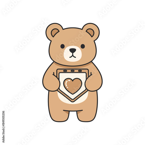 A cartoon bear holding a heart-shaped gift in its paws, standing alone against a white background, viewed from the front.