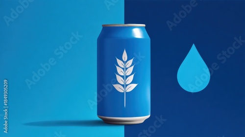 beer can with barley sprig and droplet on clean background