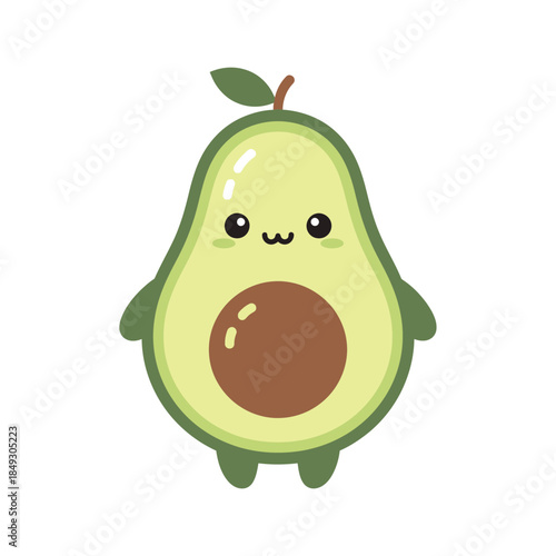 Cartoon avocado character with smiling face and green leaves on white background