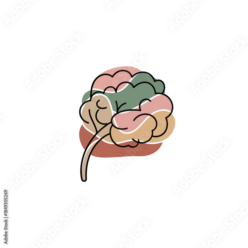 An abstract illustration of a brain with colorful sections and a long stem, symbolizing thoughts and ideas