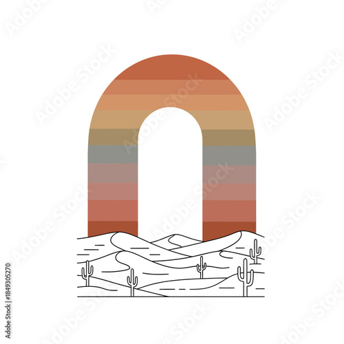 Desert landscape with archway illustration featuring mountains and cacti under a vibrant sky