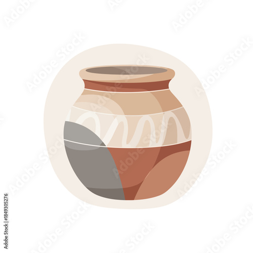 A traditional clay pot with decorative designs on a simple background