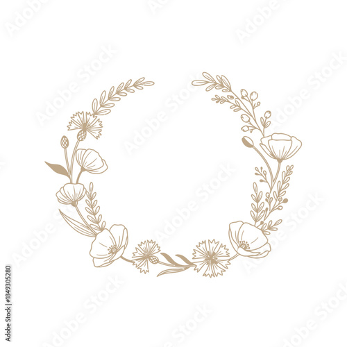 A delicate floral wreath illustration featuring flowers, leaves, and branches in a circular arrangement