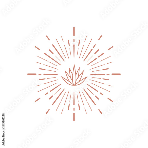A serene lotus flower at the center of a radiant sunburst, surrounded by gentle rays and soft lines, in a minimalist illustration