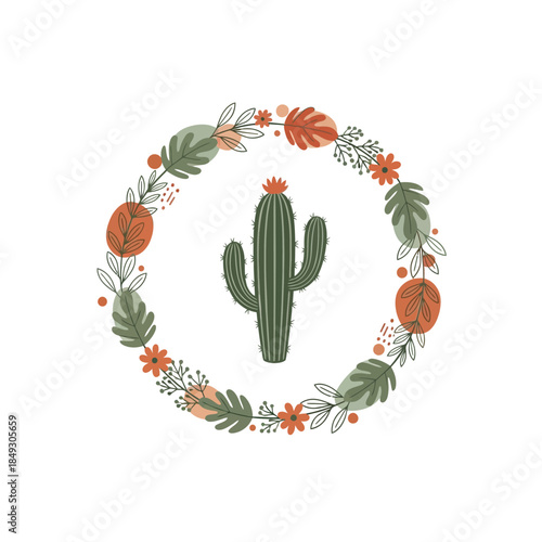 Cactus surrounded by floral wreath on white background