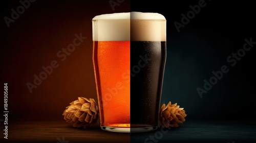 Beer pint with foam and hop cone against dark gradient background