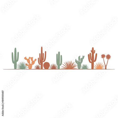Desert landscape illustration featuring cacti, succulents, and arid scenery in a minimalist style