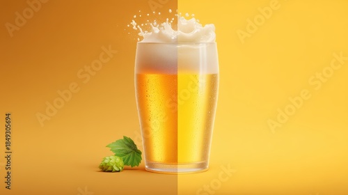 beer pour with foam crown and hop leaf on minimalist surface