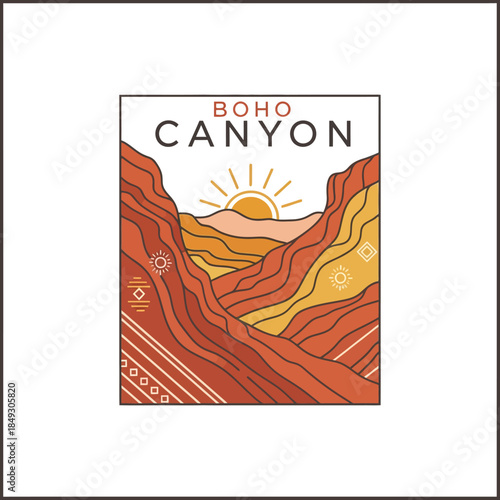 A serene canyon landscape at sunrise with bohemian style illustration