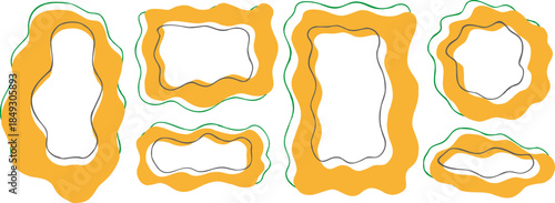 Set of hand drawn yellow wavy frames in retro style with offset outlines.