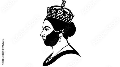 Classic silhouette of a queen with an ornate crown, black and white profile portrait."