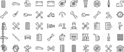 Automotive repair icons, editable stroke, car parts sketch, garage outline, black and white, vector illustration